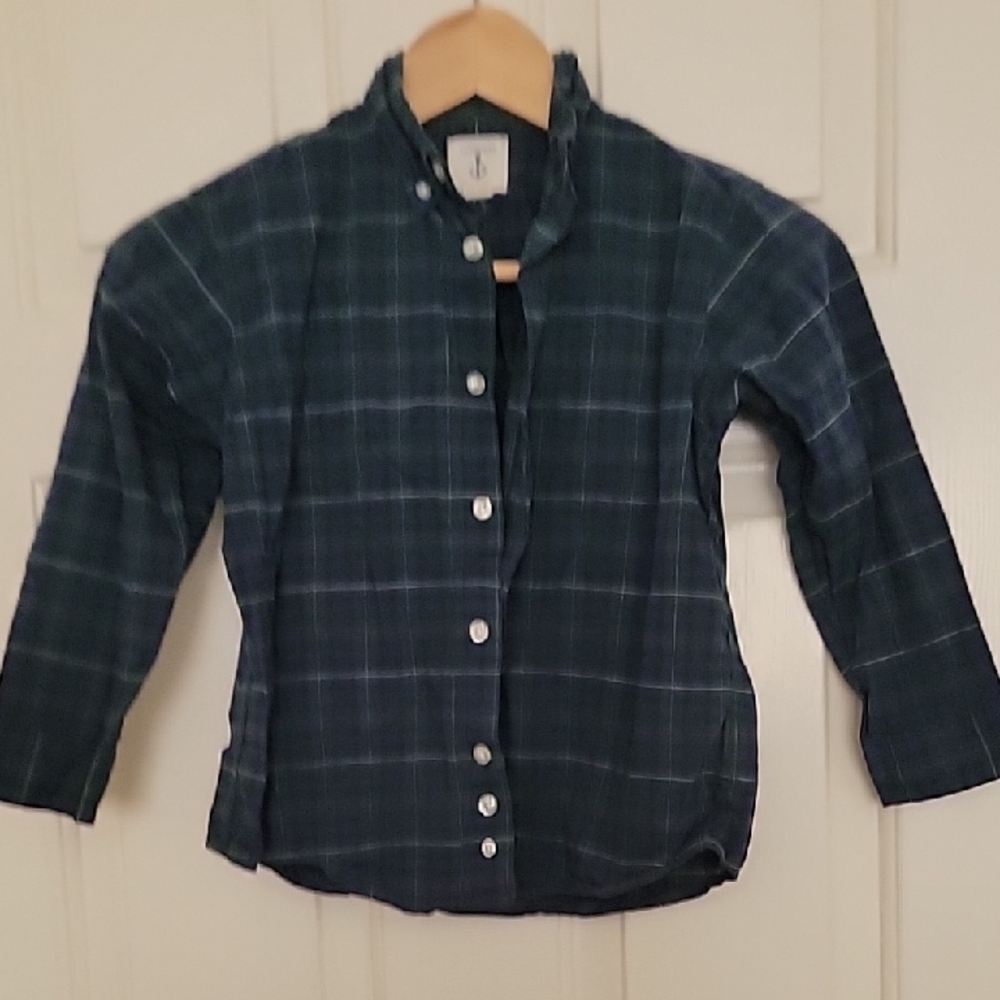 LANDS' END 100% Cotton Boys Size 6 Plaid Shirt - Navy Blue And Green